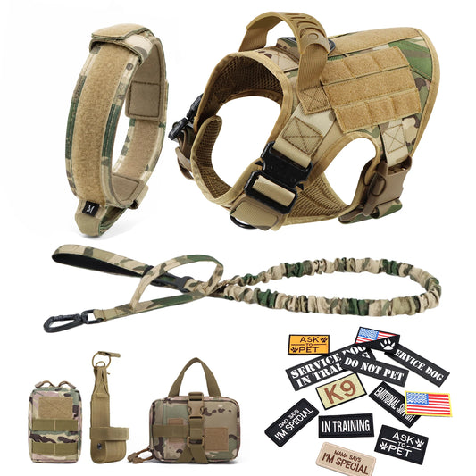 Military camouflage dog harness set with leash, collar, bags and patches for Malinois training