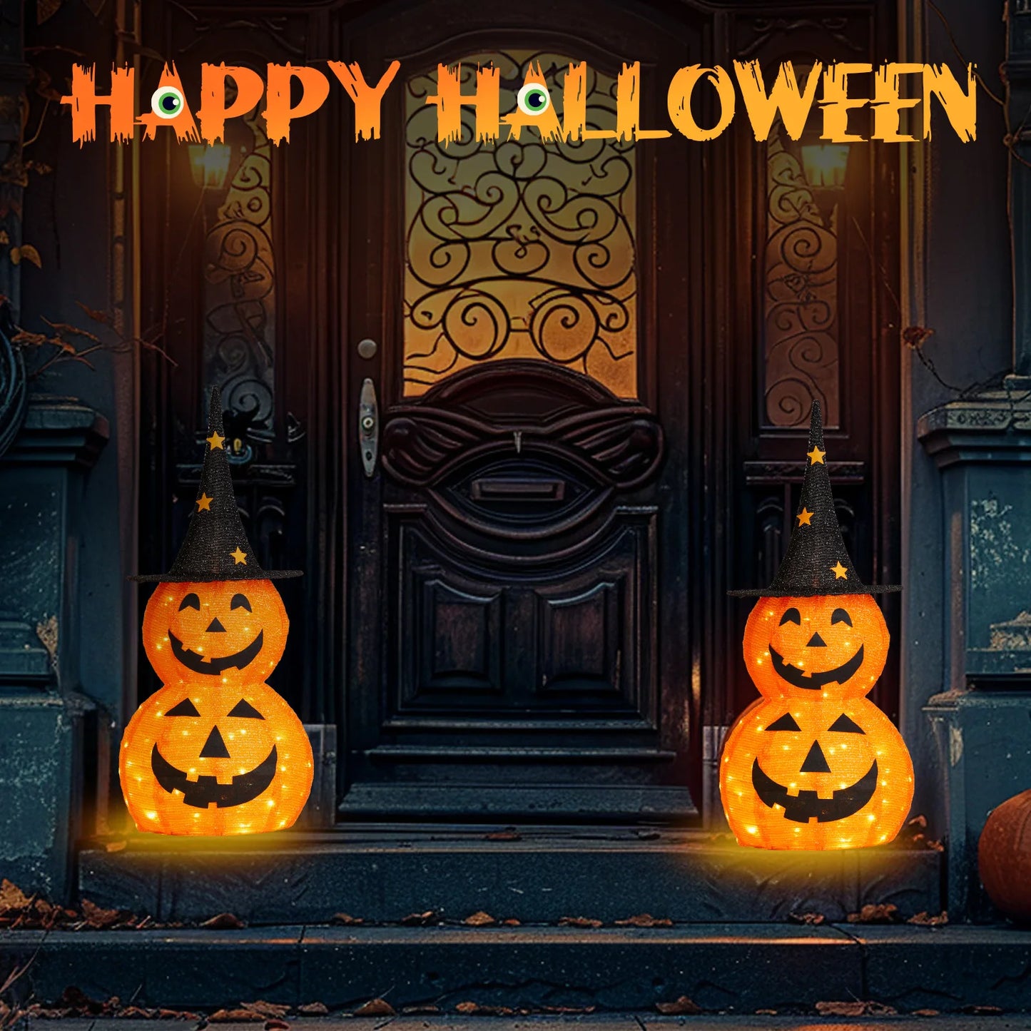Collapsible pumpkin decorations by S And B Enterprise, 2 pcs, 3 ft tall with 150 warm LED lights and witch hats