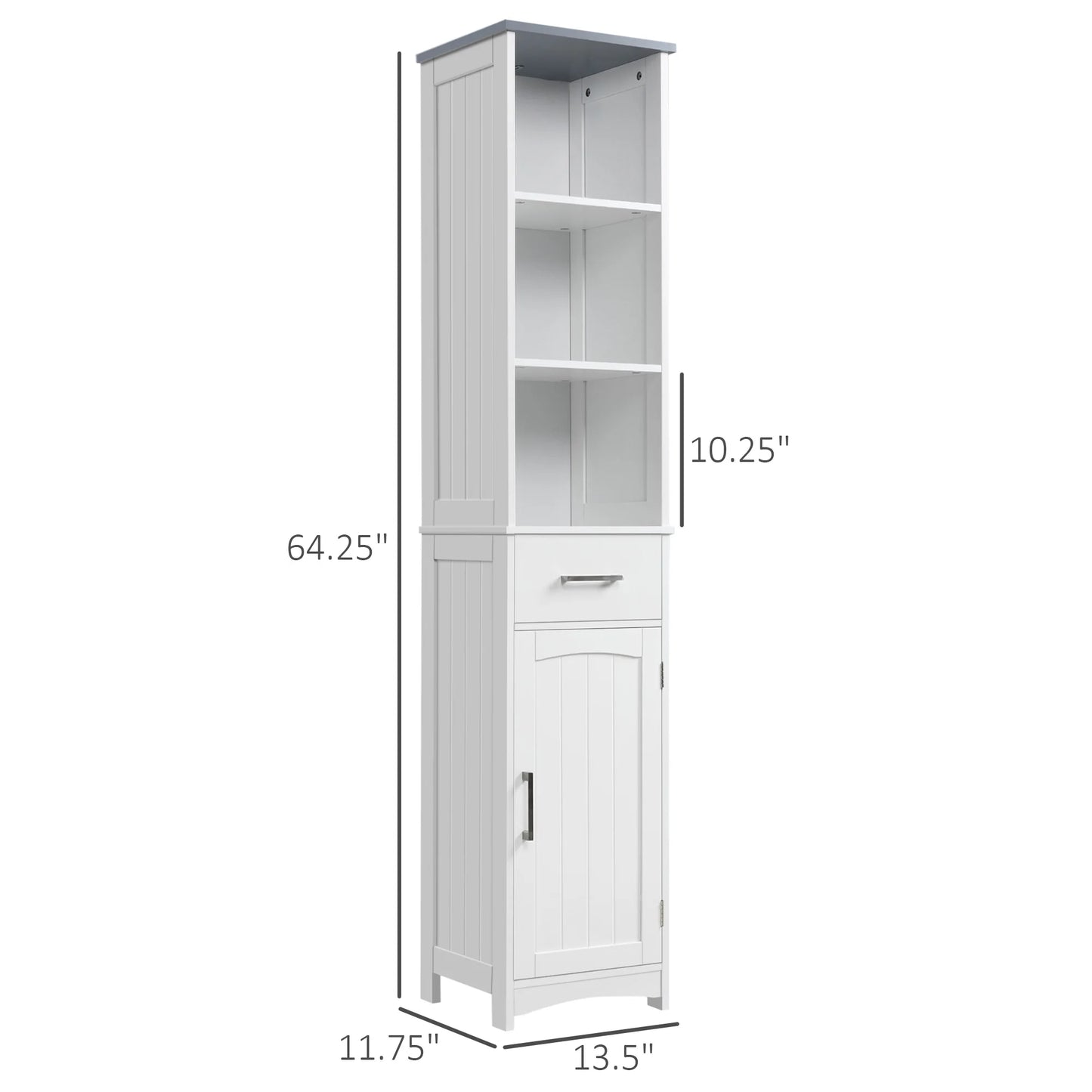 Tall white bathroom storage cabinet by S And B Enterprise; narrow linen tower with 3-tier shelving, a drawer, and adjustable shelves.
