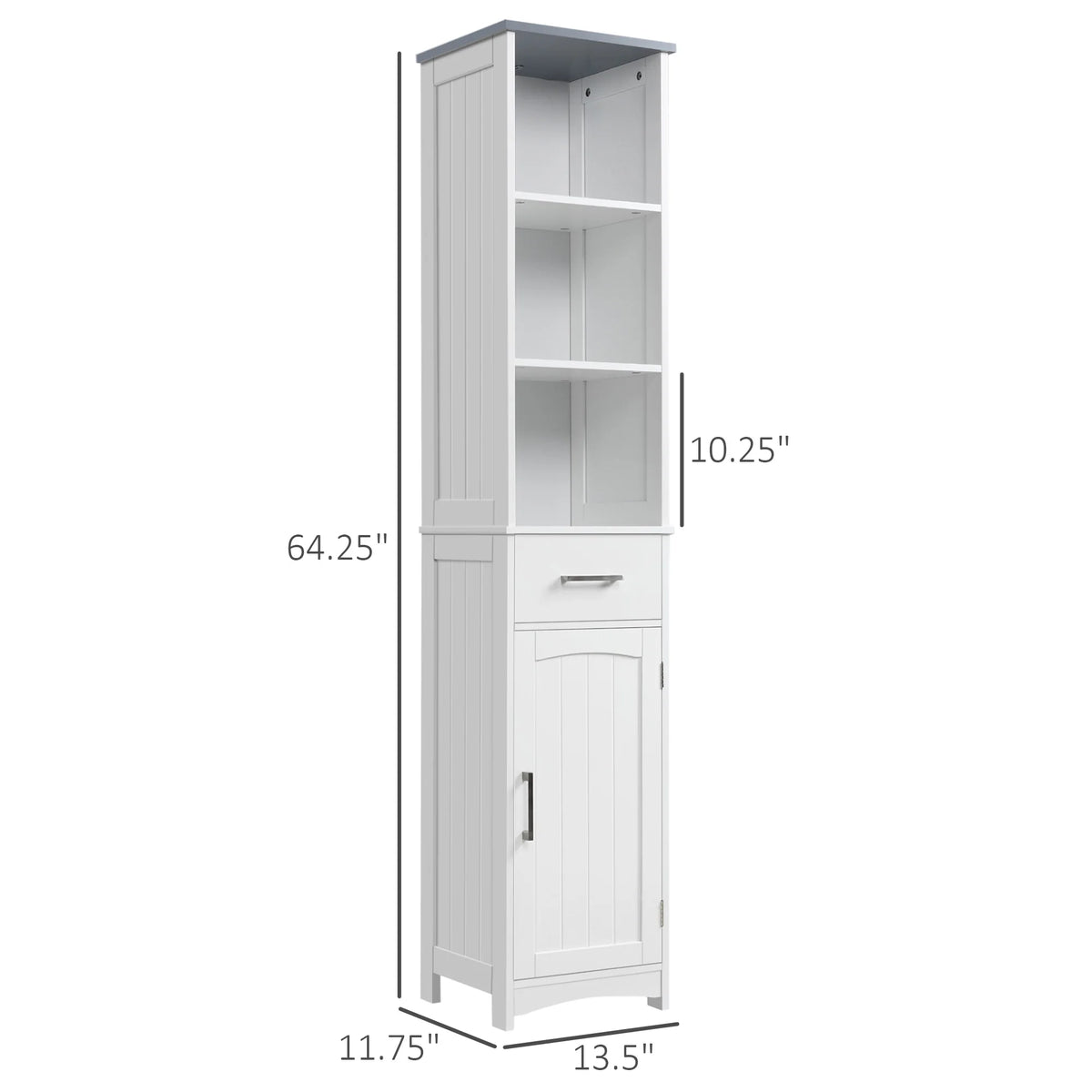 Tall white bathroom storage cabinet by S And B Enterprise; narrow linen tower with 3-tier shelving, a drawer, and adjustable shelves.