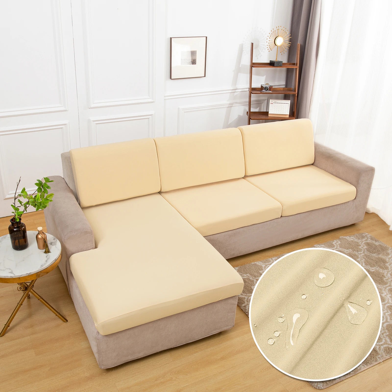 Waterproof sofa cushion covers by S And B Enterprise; silky beige, non-slip stretch protector.