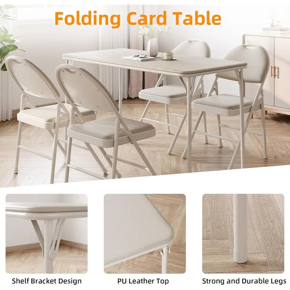 Portable folding card table with beige PU leather top, anti-slip mat, scratch-resistant; indoor or outdoor use