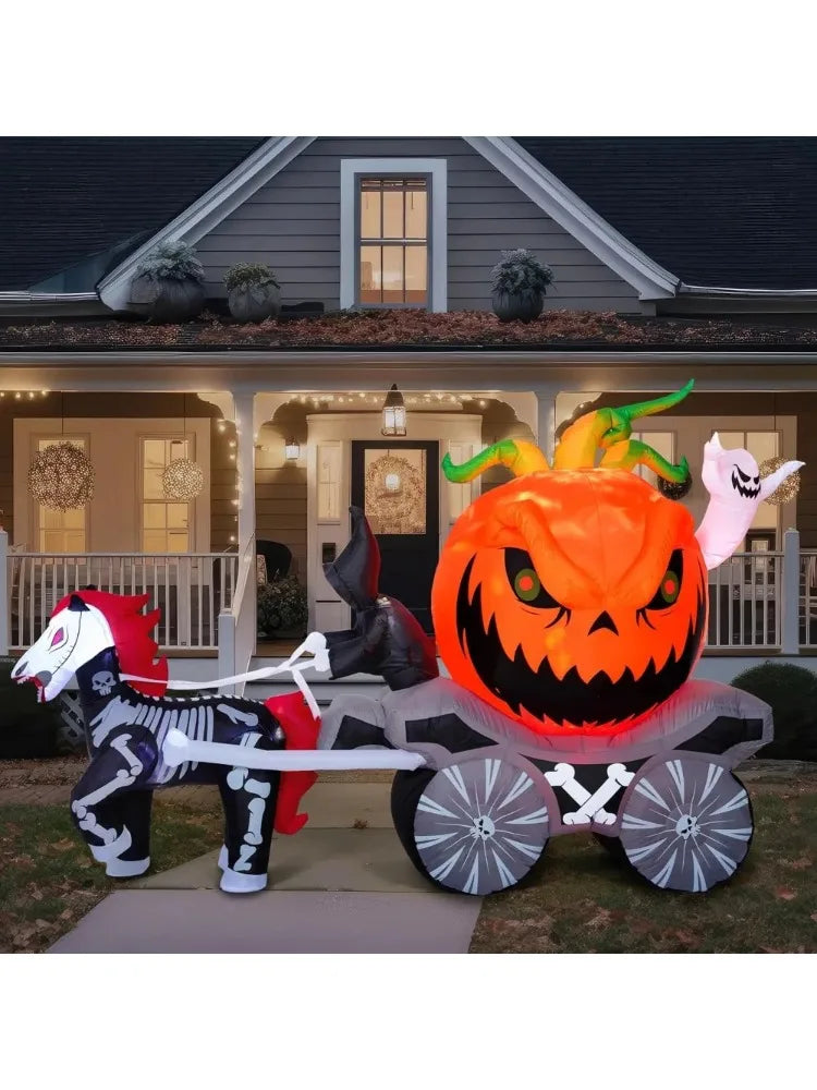 8 ft pumpkin carriage Halloween inflatable with skeleton horse, built-in LEDs, S And B Enterprise outdoor decoration