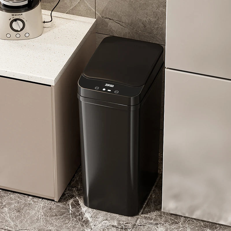 S And B Enterprise black slim sensor trash can with touch-free lid, 12L/15L, in kitchen