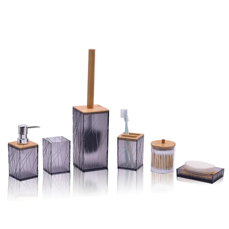 Six-piece bathroom accessory set in purple glass with wooden lids.
