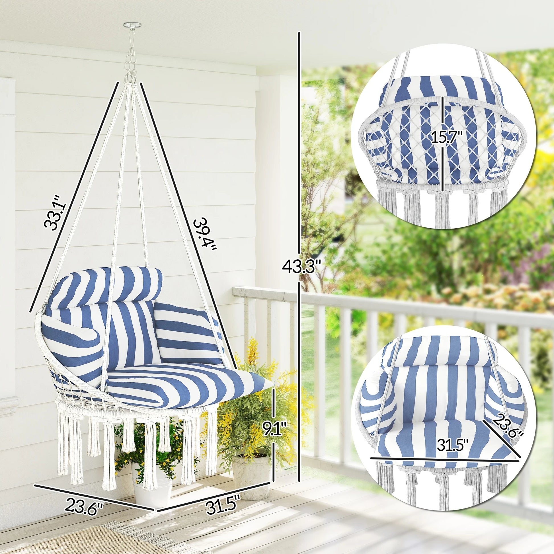 Hanging Hammock Chair with Cushion, Macrame Swing Chair, Blue by S And B Enterprise