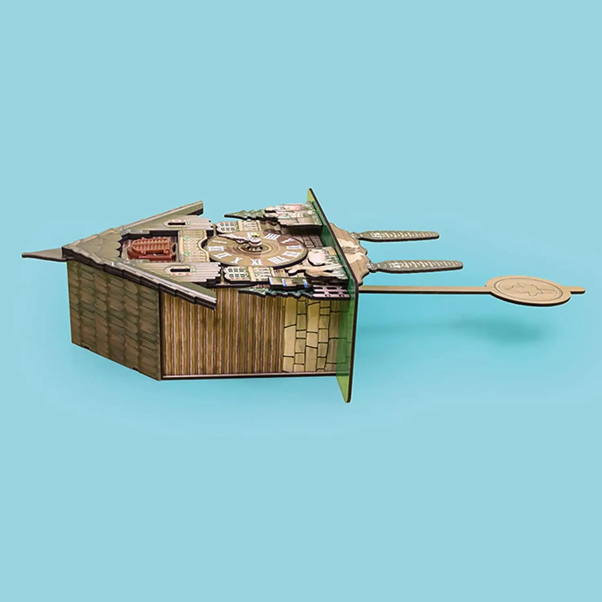 Cuckoo wall clock by S And B Enterprise; wooden, traditional Northern European design with exposed mechanism.