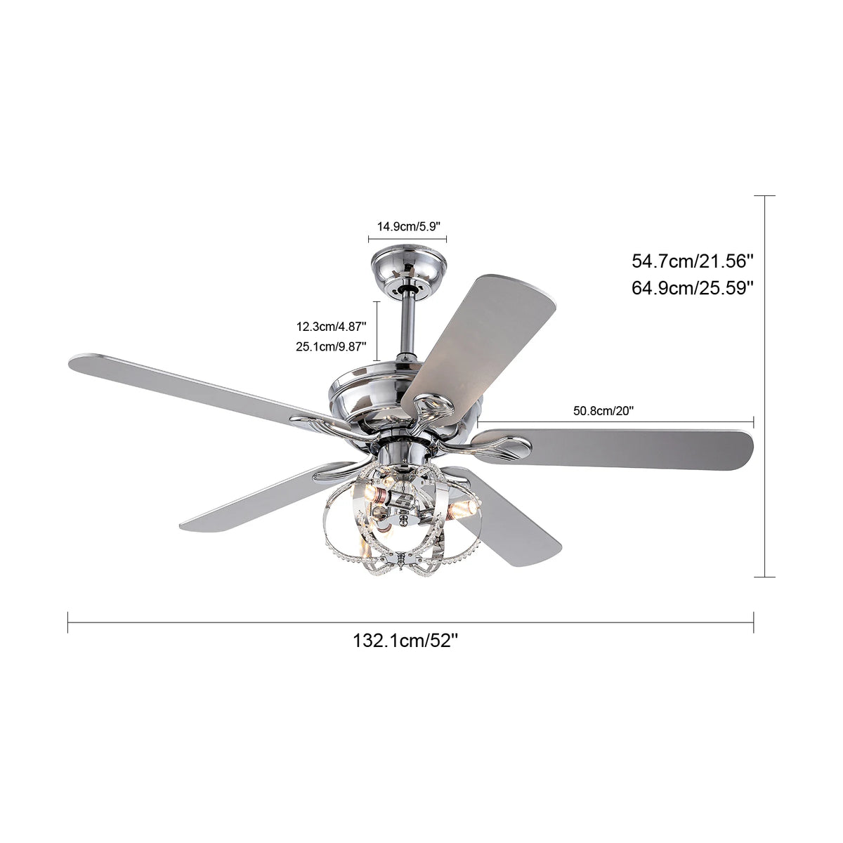 52-inch ceiling fan with light kit, chrome finish, remote control included
