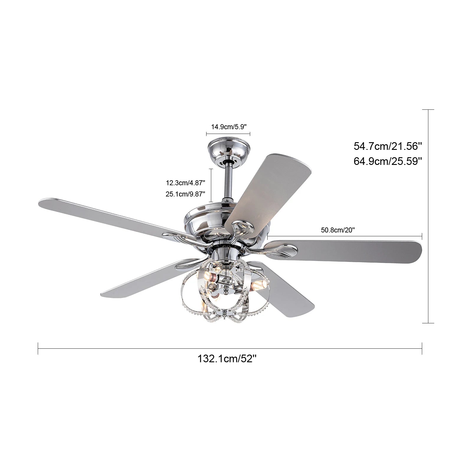 52-inch ceiling fan with light kit, chrome finish, remote control included