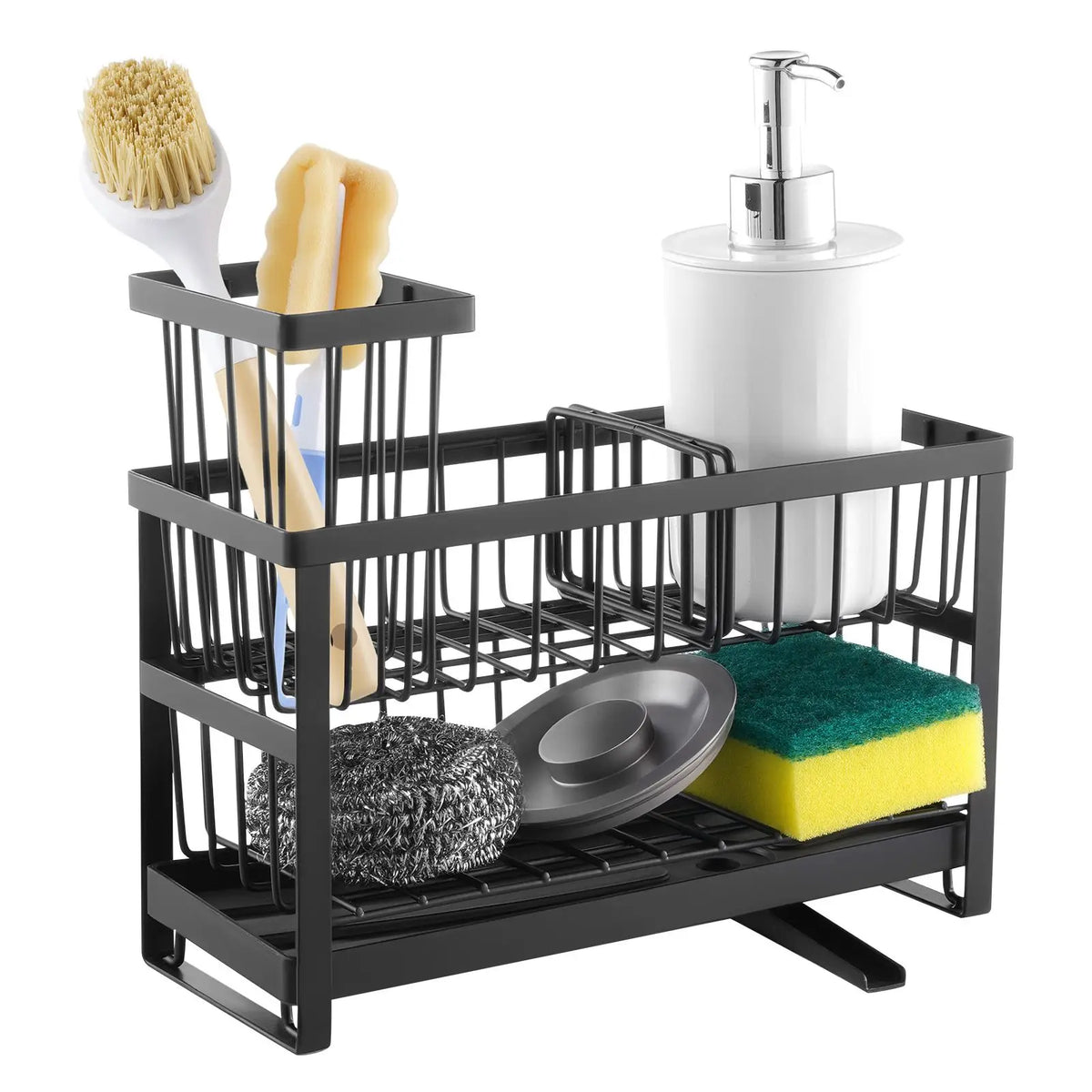 Kitchen Sink Caddy Organizer, black 2-tier sponge holder with high brush rack and rotatable drainage spout.