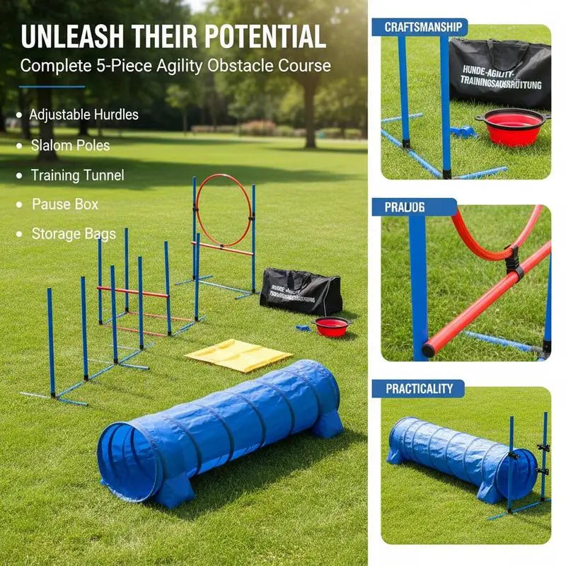 Dog agility set by S And B Enterprise; 5-piece course with adjustable blue hurdles, 6 slalom poles, blue tunnel.