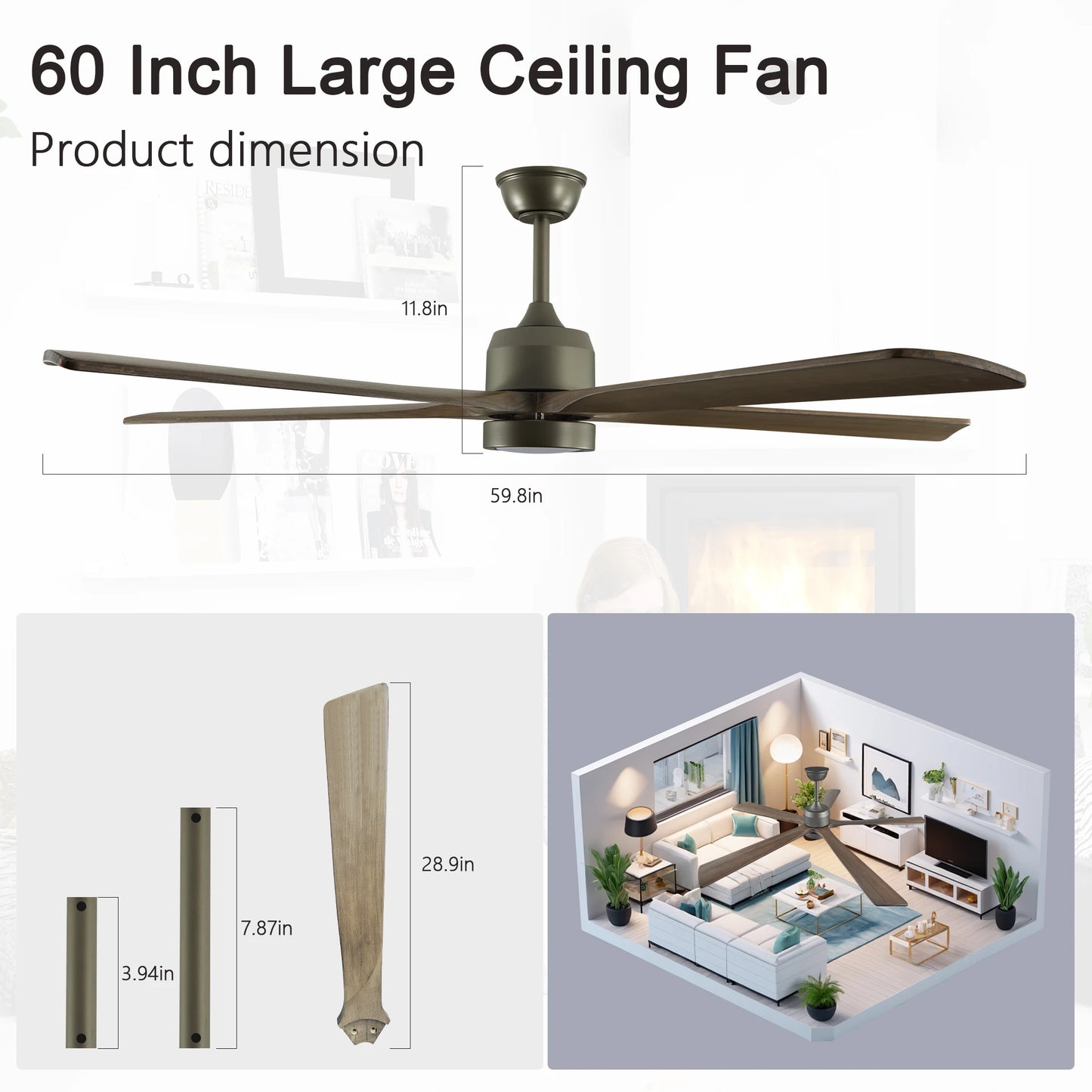ARLGSITE Modern Wood Grain Ceiling Fan With Light Remote