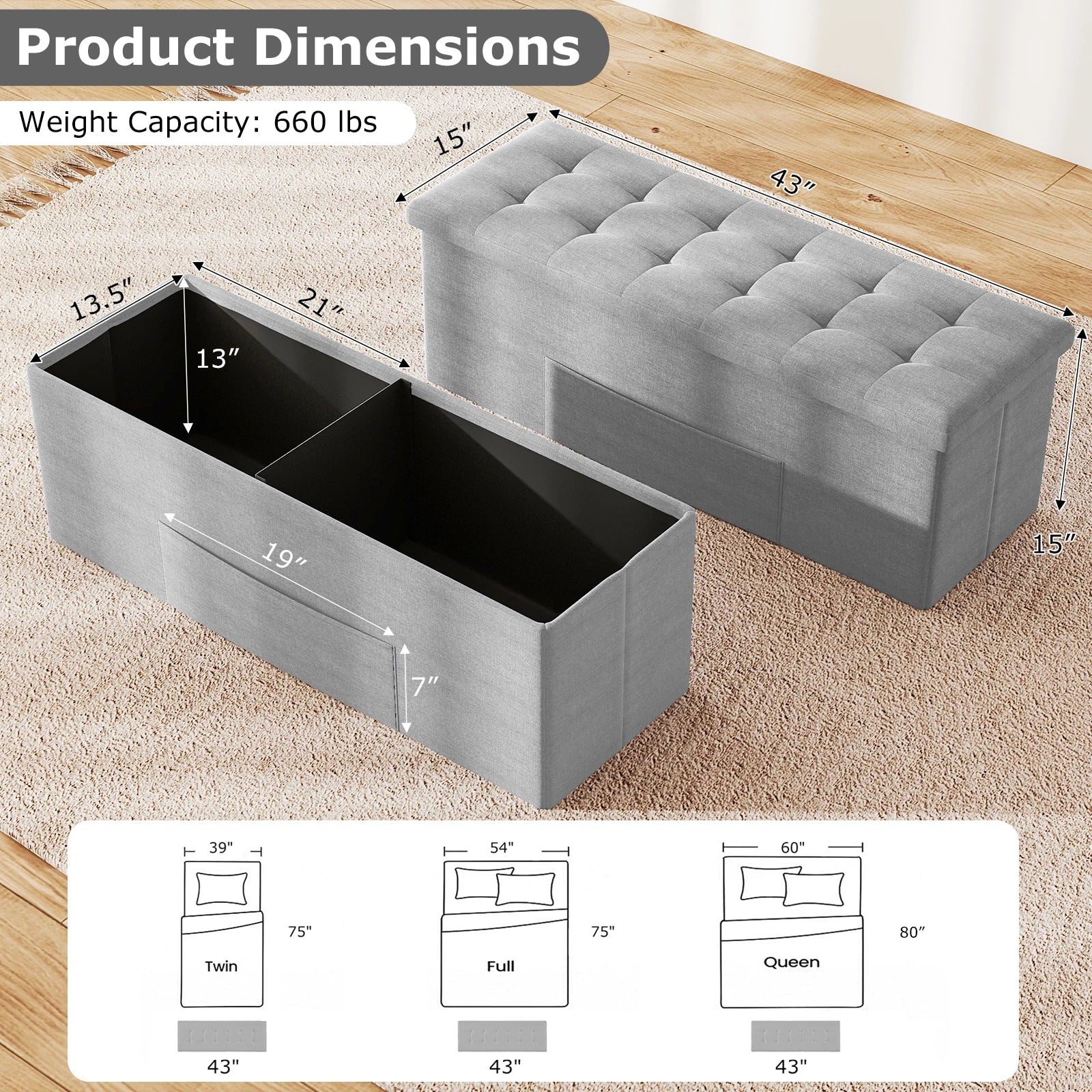 Fabric folding storage ottoman with divider in dark gray by S And B Enterprise