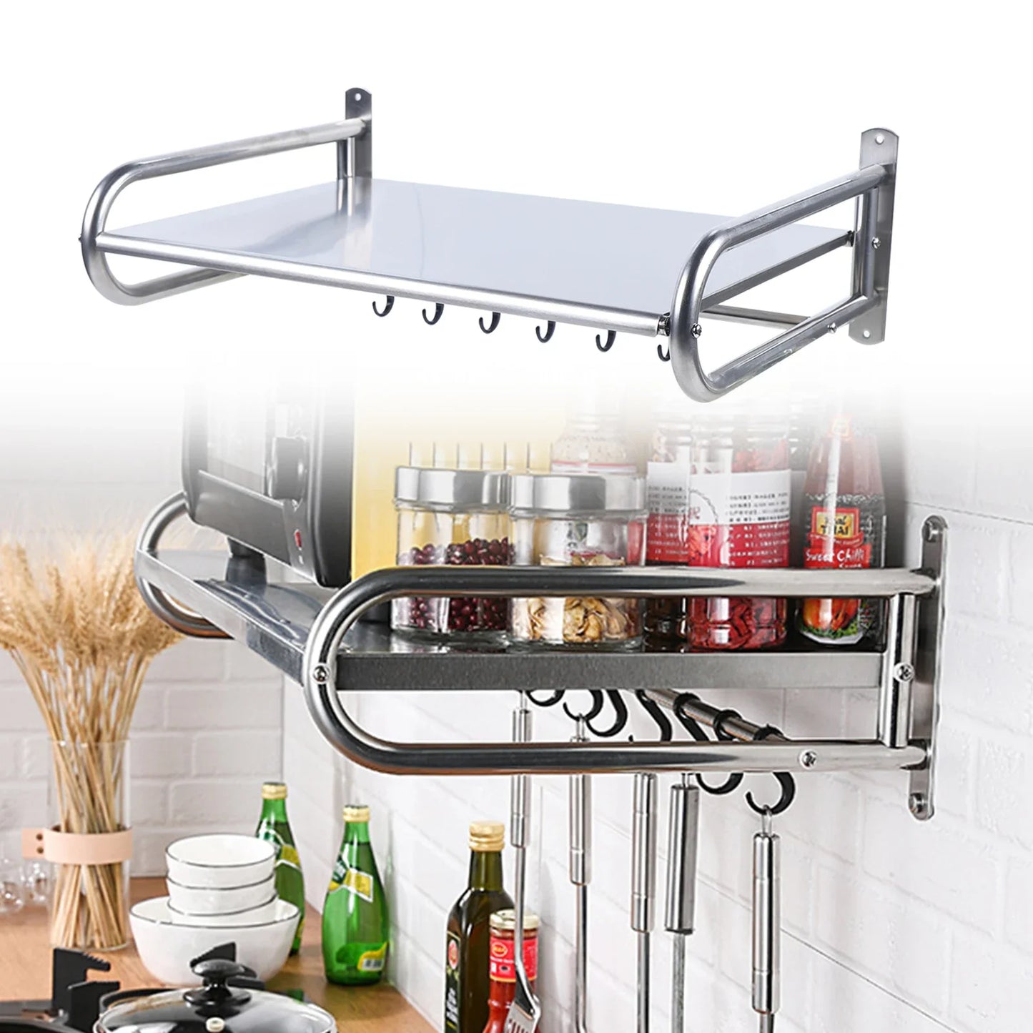 Stainless Steel Microwave Oven Rack Wall Mounted Kitchen Shelf