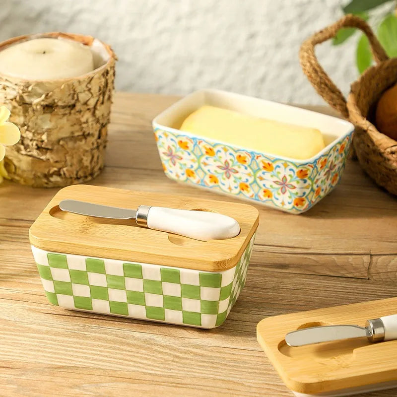 350ML Rural Style Ceramic Butter Box with Knife and Cover, American Household Cross-border Cheese Kitchen Storage Box by S And B Enterprise