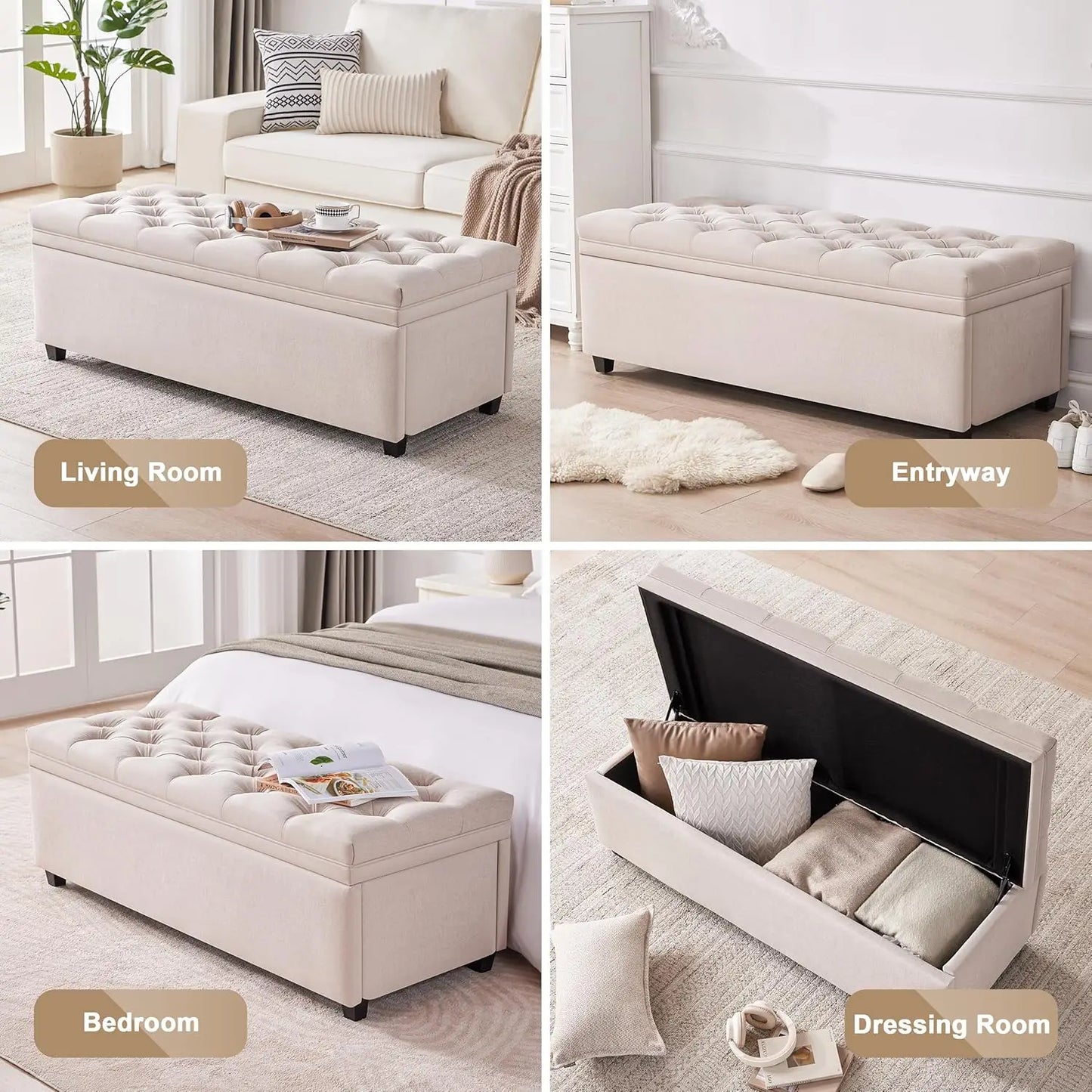Tufted Storage Ottoman Bench With Linen Top For Living Room