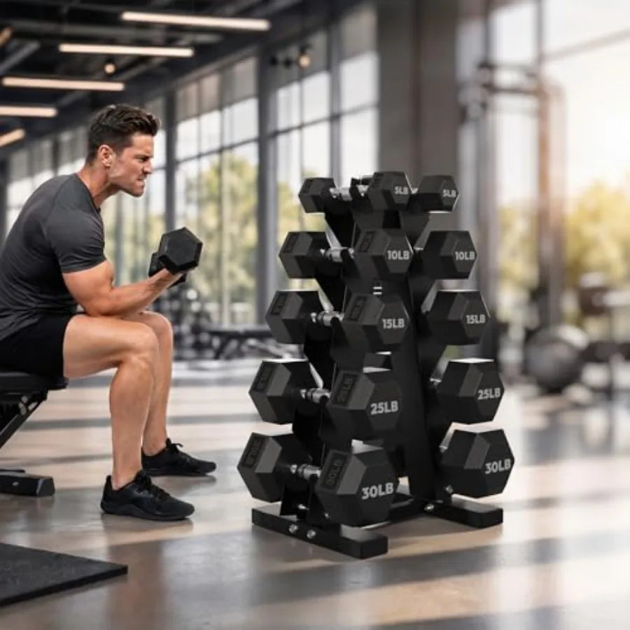 Rubber Coated Hex Dumbbell Set With A Frame Rack And Ergonomic Handles by S And B Enterprise