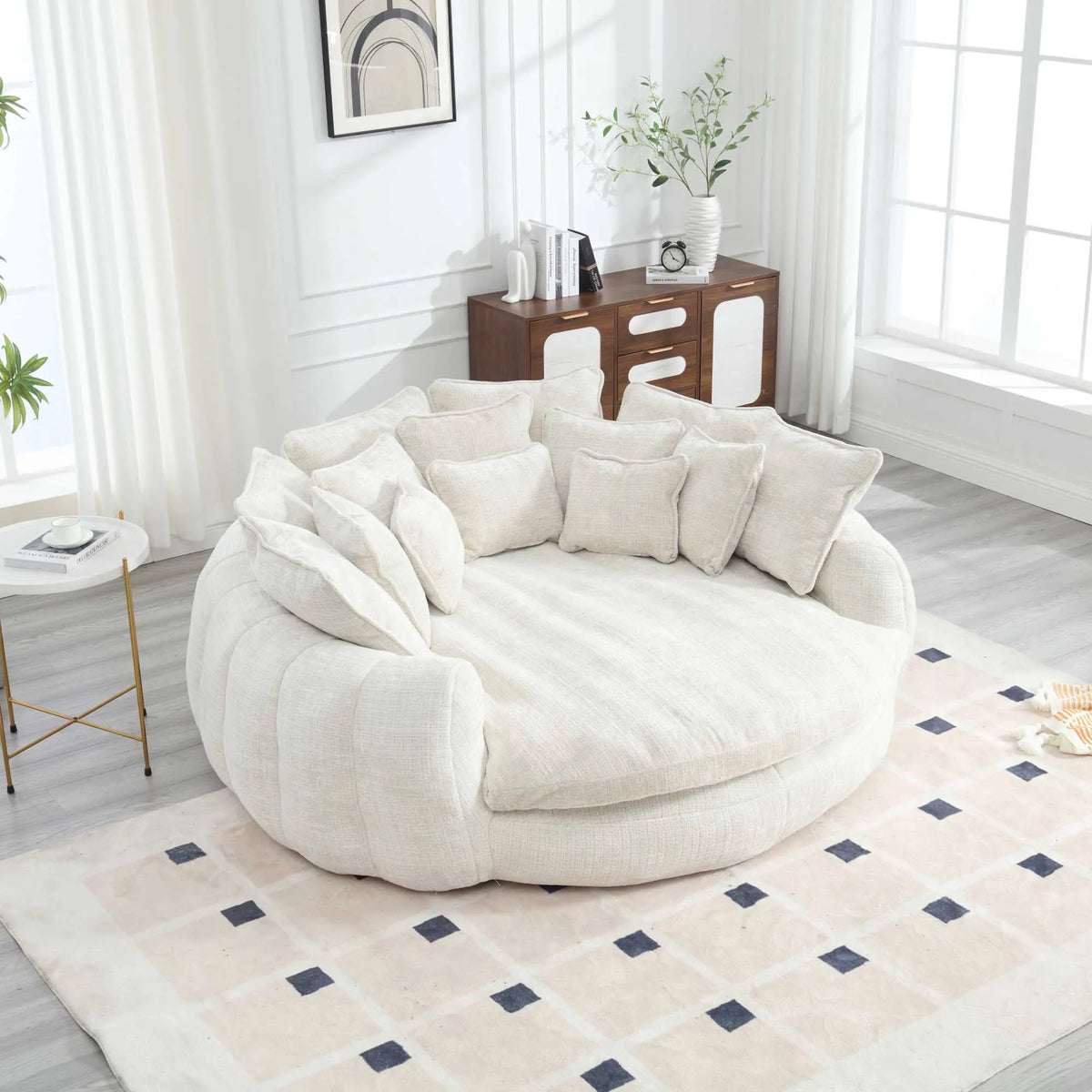 81.1-inch Cloud Couch Sleeper Sofa, oversized round beige chenille lounge with 14 pillows in a bright living room.