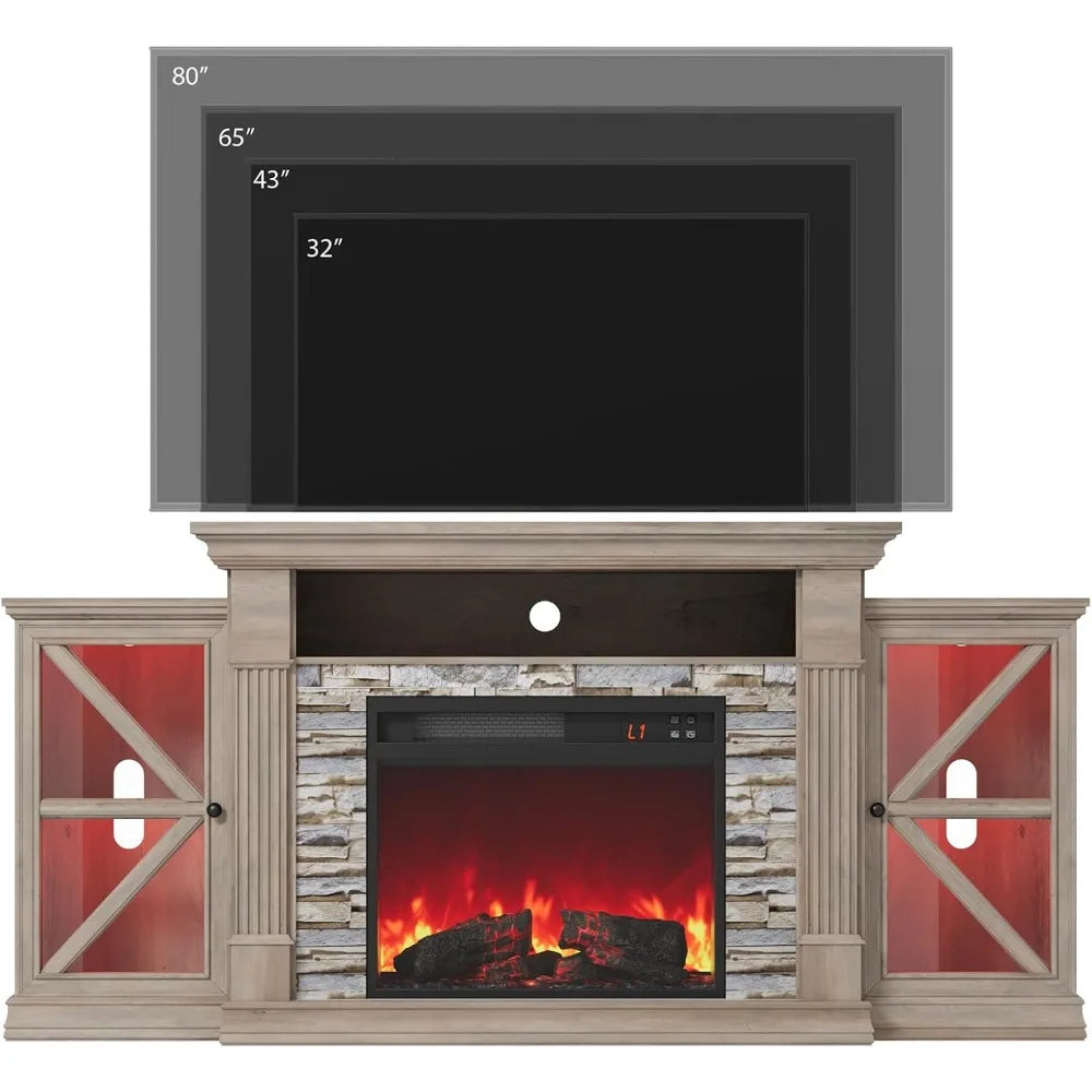 Electric Fireplace TV Stand With Glass Barn Doors And Shelf