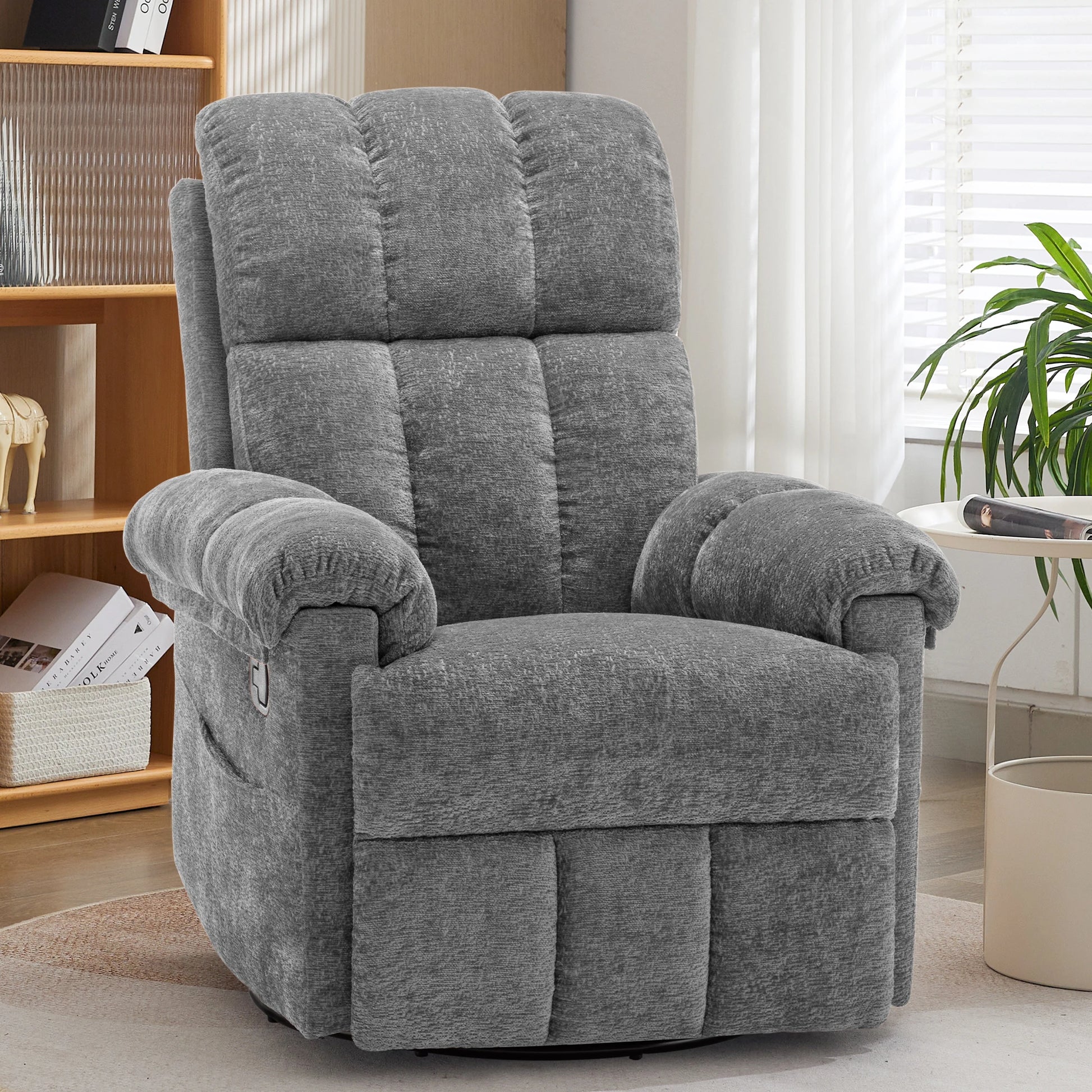 Korser swivel rocker recliner chair in gray chenille fabric with plush cushions.