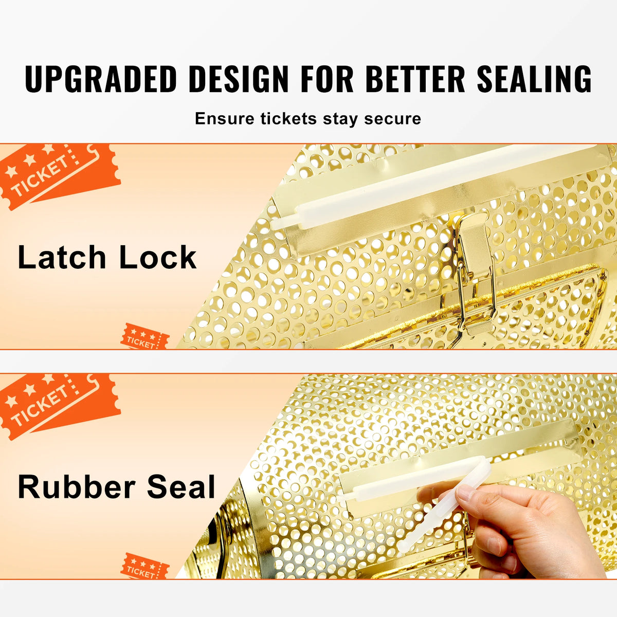 Gold perforated metal storage case with latch lock and rubber seal; hand holding seal strip