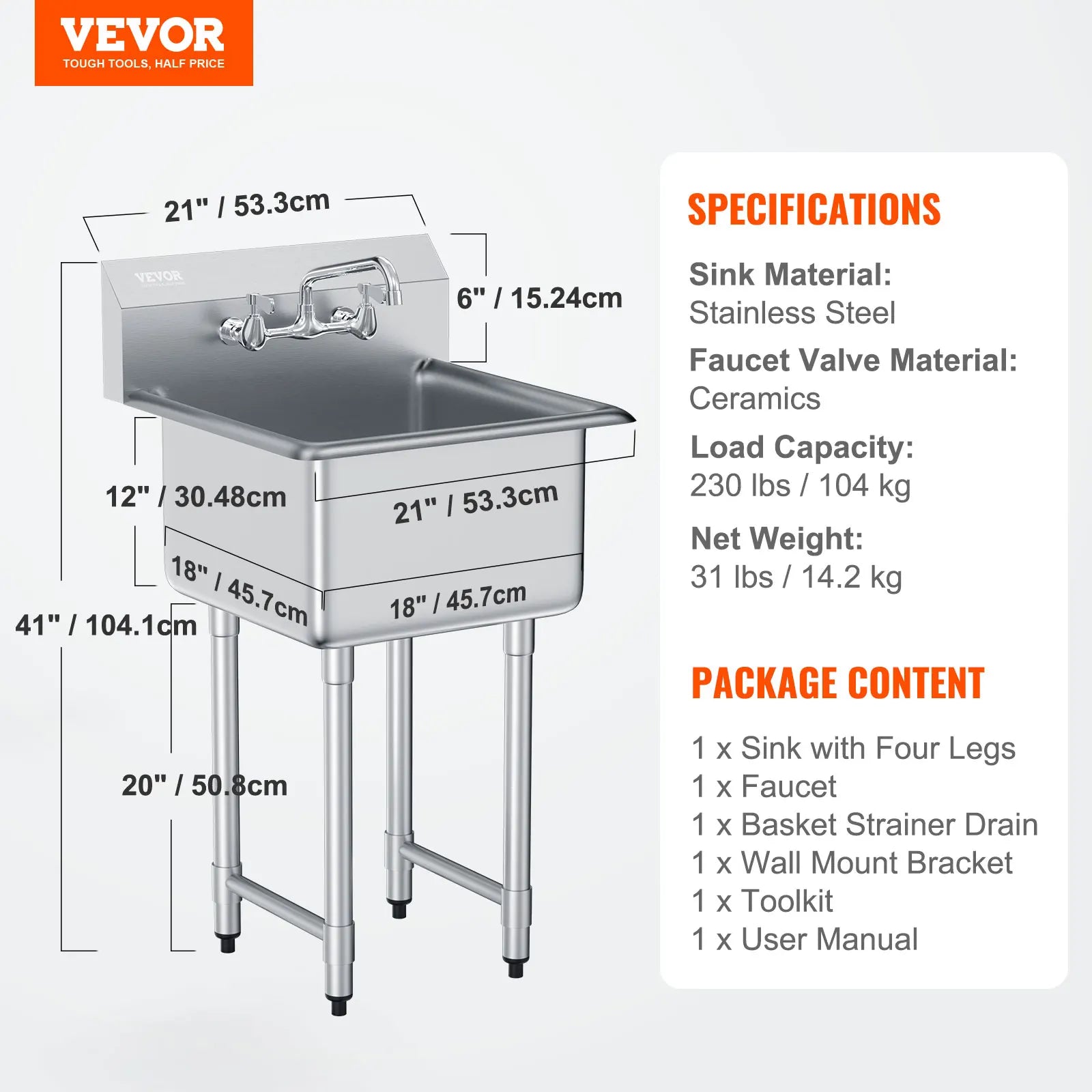 SucceBuy Stainless Steel Kitchen Prep & Utility Sink 1 Compartment Restaurant Commercial Steel Sink w/Faucet for Restaurant Home by S And B Enterprise