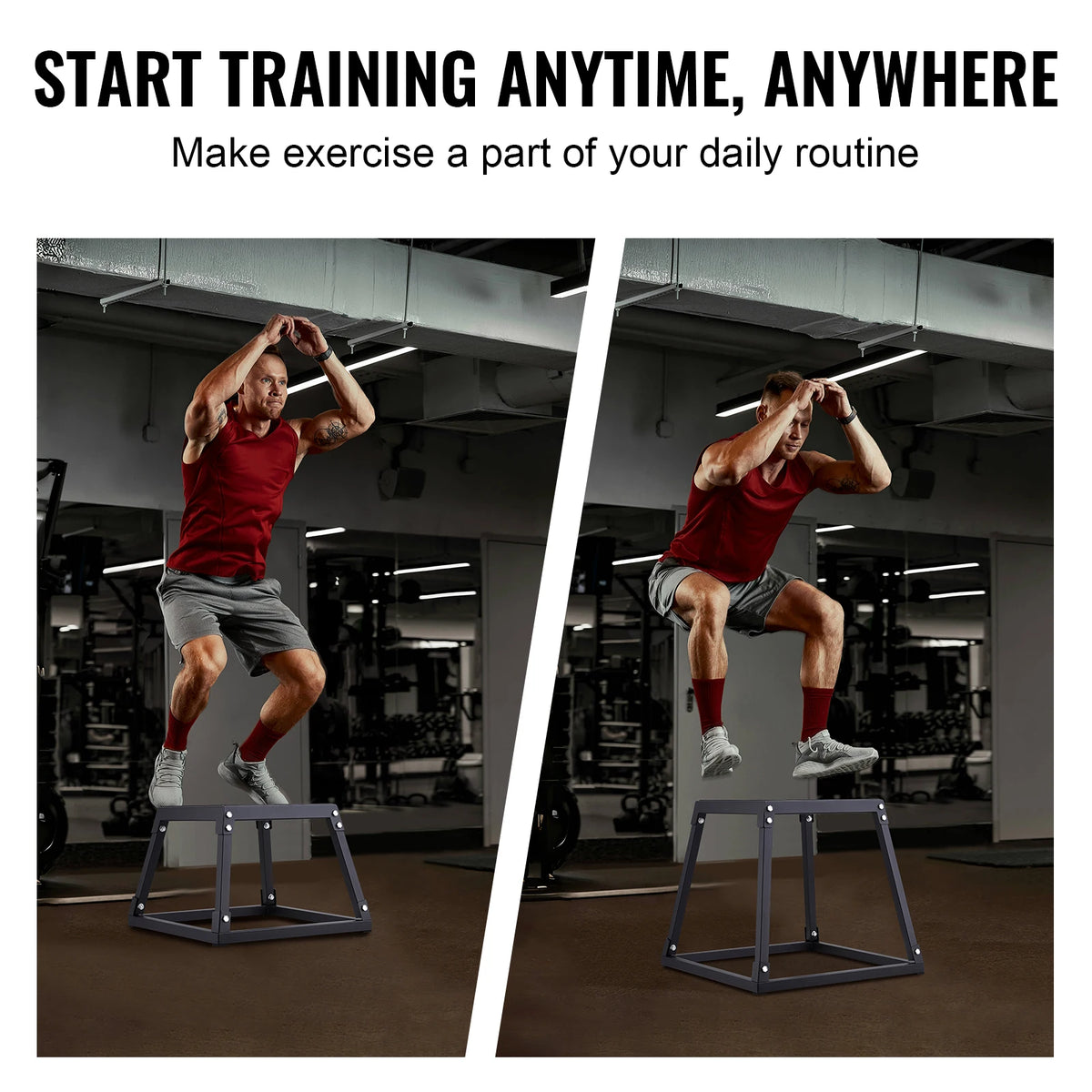Two plyometric jump boxes (12/18/24 in) with anti-slip surfaces on a metal frame for box jumps