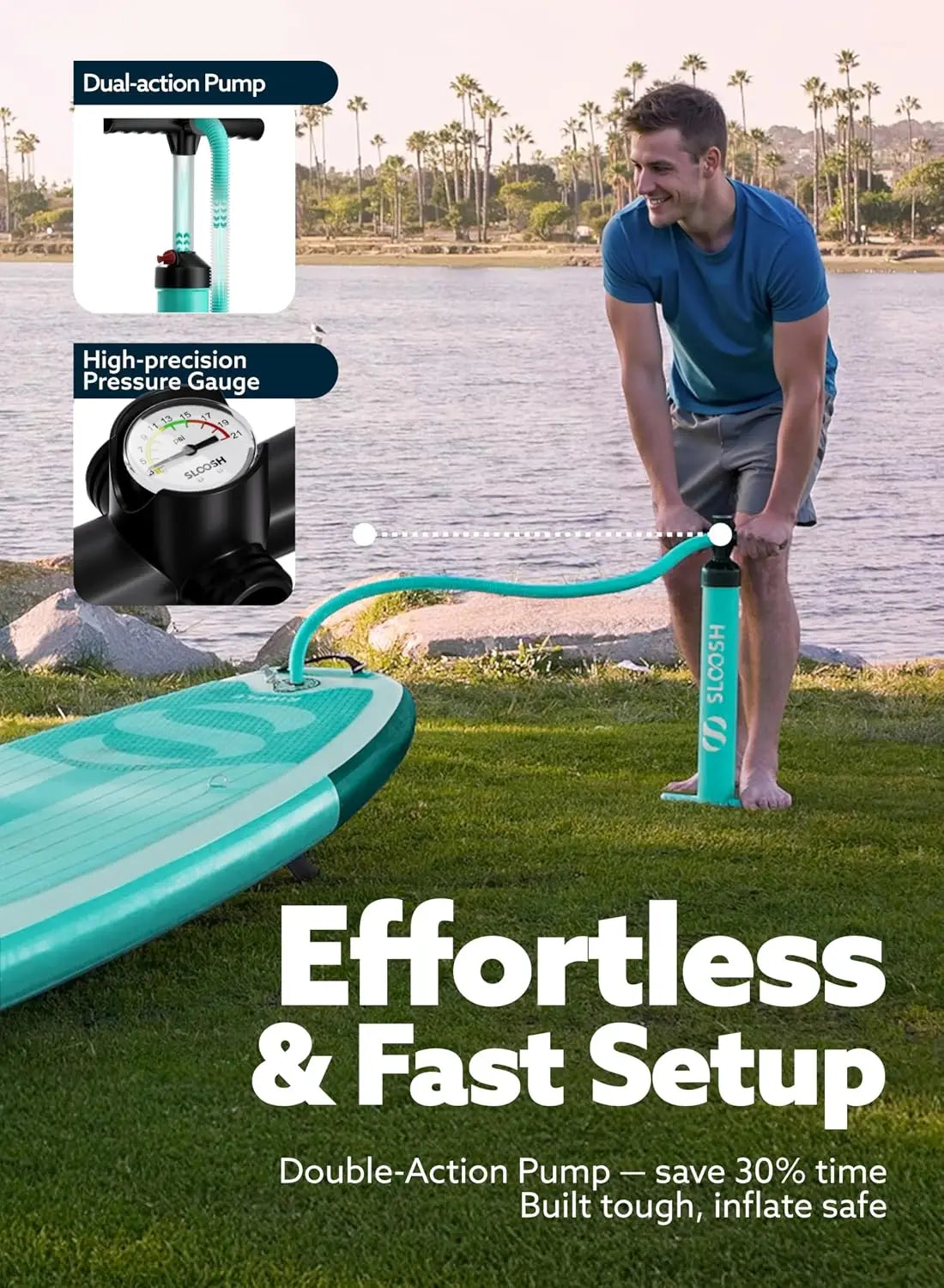 Inflatable Stand Up Paddle Board for Adults by S And B Enterprise with turquoise deck and premium accessories