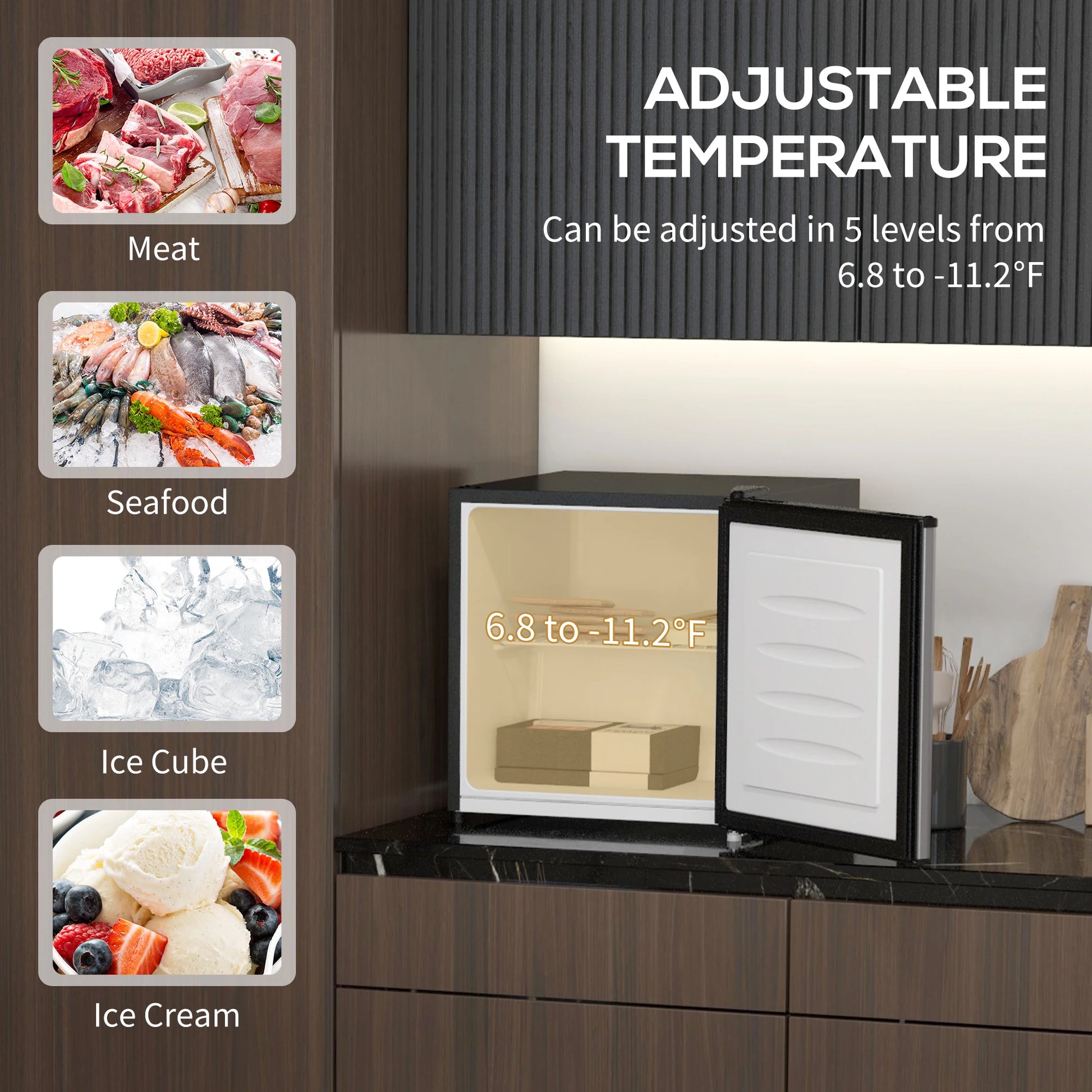 HOMCOM mini countertop freezer, 1.1 cu ft, silver upright with removable shelves and adjustable temperature