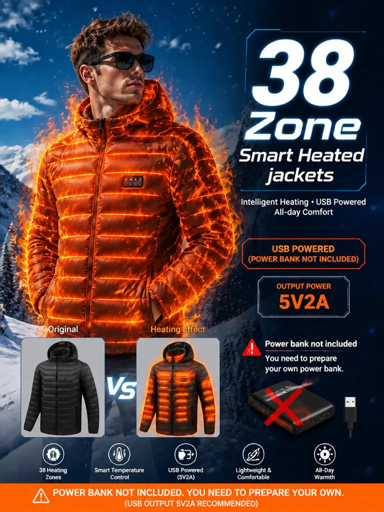 Men's orange 39-zone smart heated jacket by S And B Enterprise with USB power; four temperature settings; battery not included; hat included.