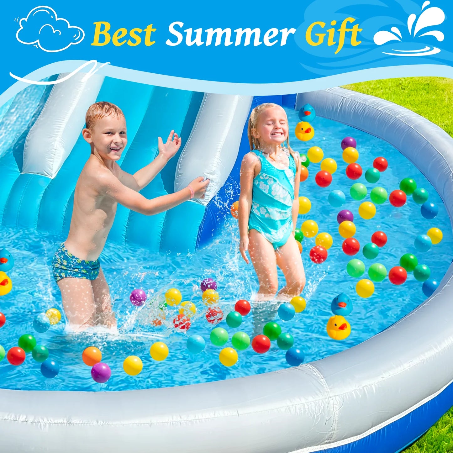 Blue & White Outdoor Inflatable Oxford Fabric Water Slide Pool for Kids, Dual Slides with Sprayers, Backyard Summer Fun Toy for Children by S And B Enterprise