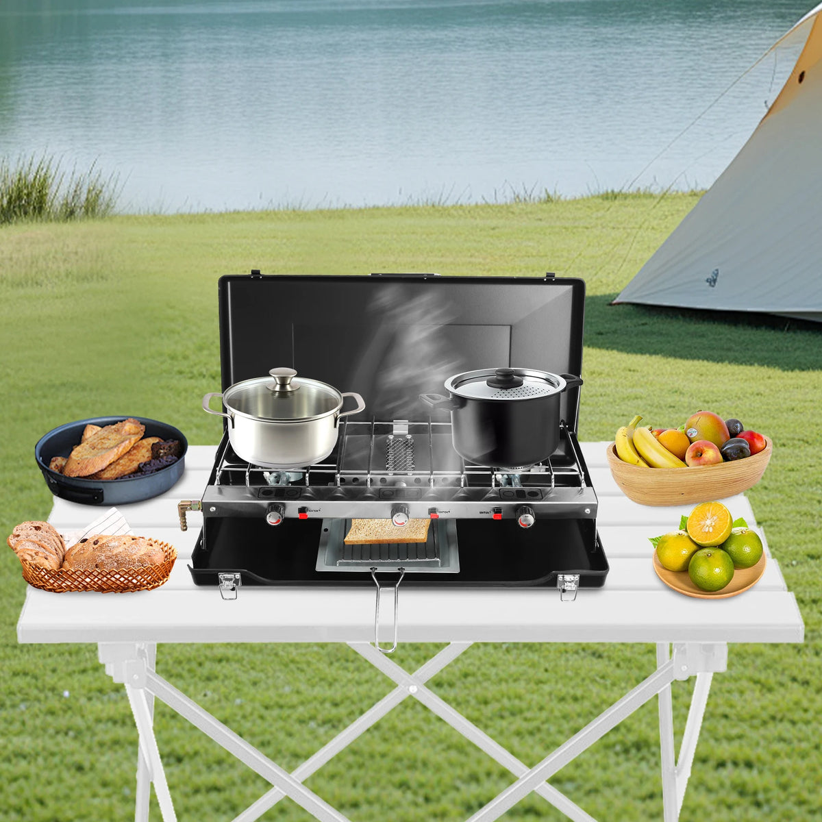 Portable table-top 3-burner camping stove with non-slip feet and sturdy latches for outdoor cooking.