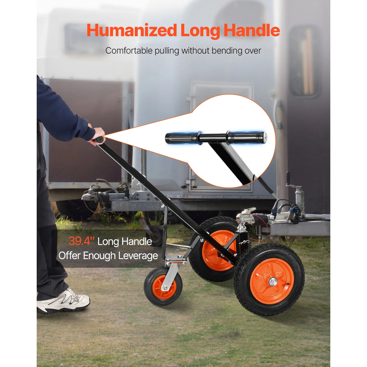Tongue trailer dolly by S And B Enterprise, carbon steel mover with handle and orange wheels, 1000/1200 lbs capacity