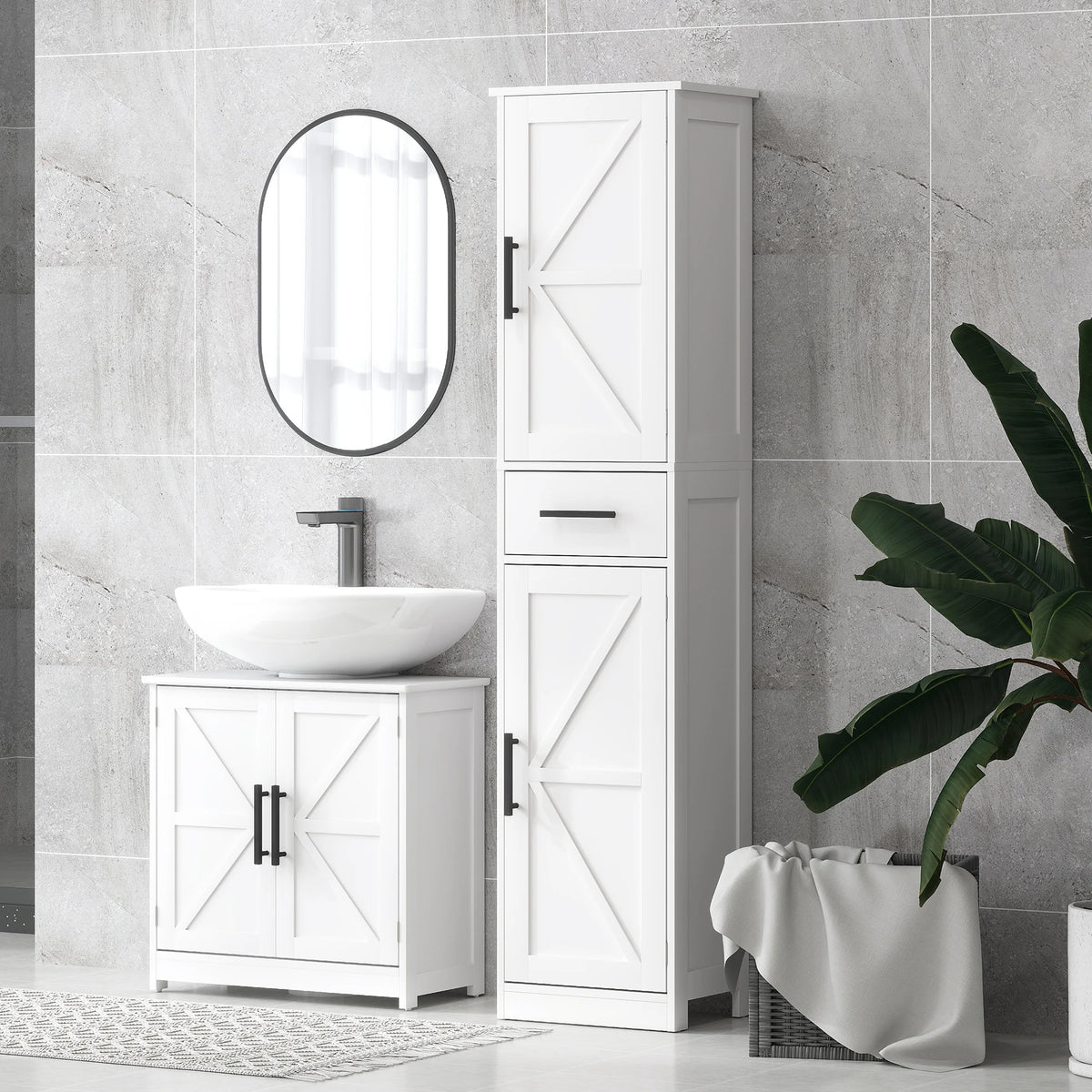 Homcom 67-inch white tall bathroom storage cabinet with barn doors and drawer, farmhouse style