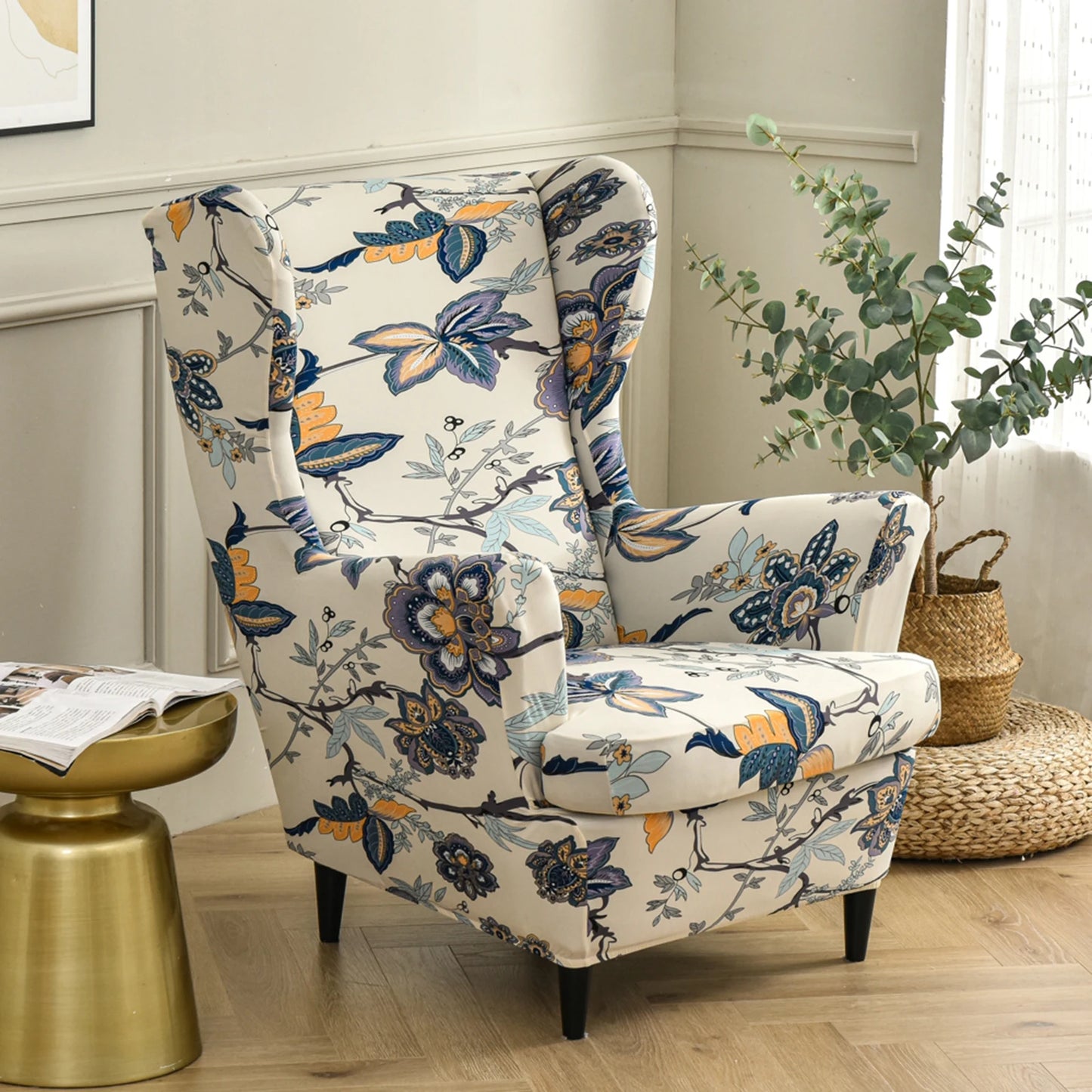 Printed Wing Chair Cover Wingback Stretch Spandex Armchair Covers Nordic Removable Relax Sofa Slipcovers With Seat Cushion Cover by S And B Enterprise