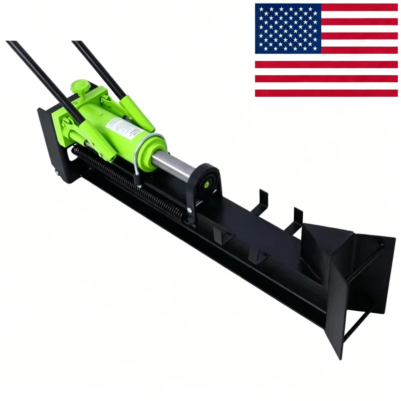 Horizontal 10-ton log splitter with green hydraulic unit and black base