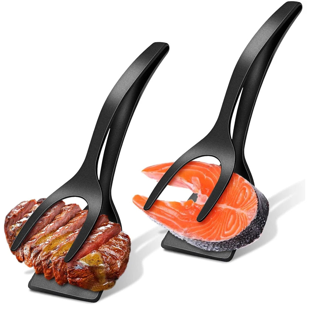 2 in 1 Grip Flip Spatula Clamp Egg Pancake Fish French Toast Omelette Making Non Stick Home Kitchen Cooking Turner Tool by S And B Enterprise