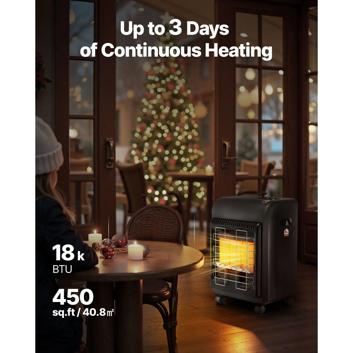 Propane cabinet heater by S And B Enterprise, 18k BTU, heats up to 450 sq ft, 3 temp settings, tip-over protection
