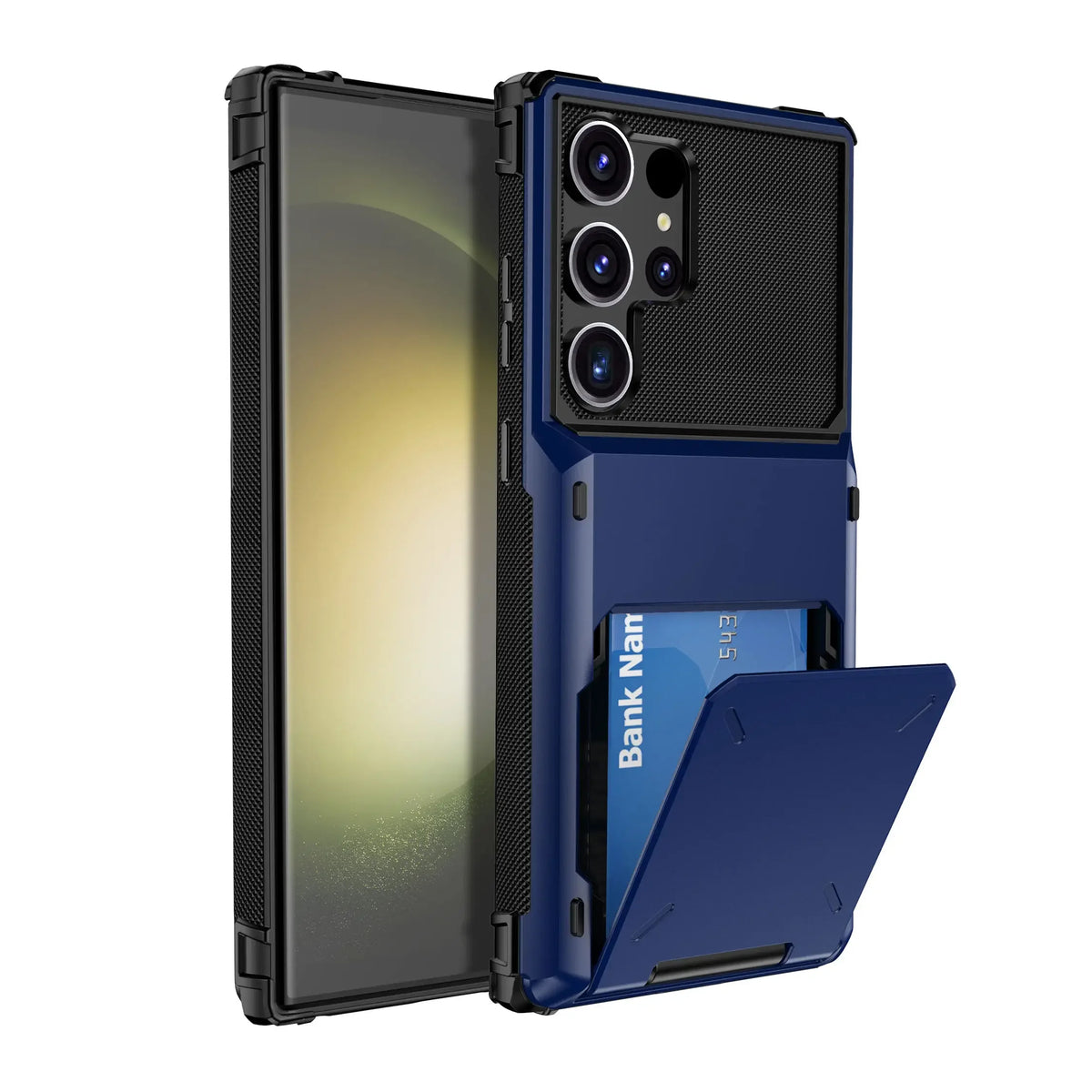 Samsung Galaxy wallet case with card holder; blue and black dual-layer shockproof phone cover.