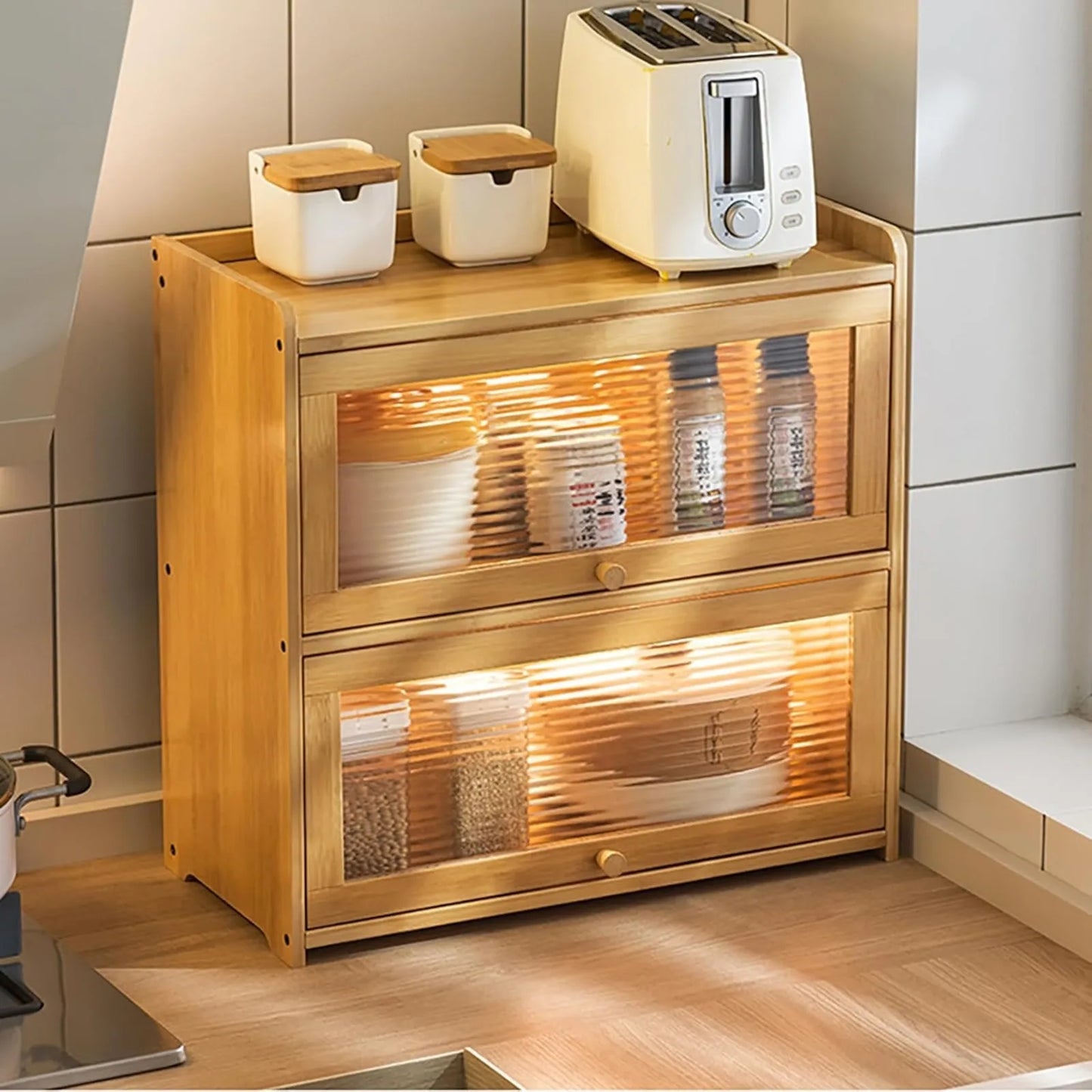 2-Tier Bamboo Kitchen Storage Cabinet With Clear Acrylic Sliding Doors