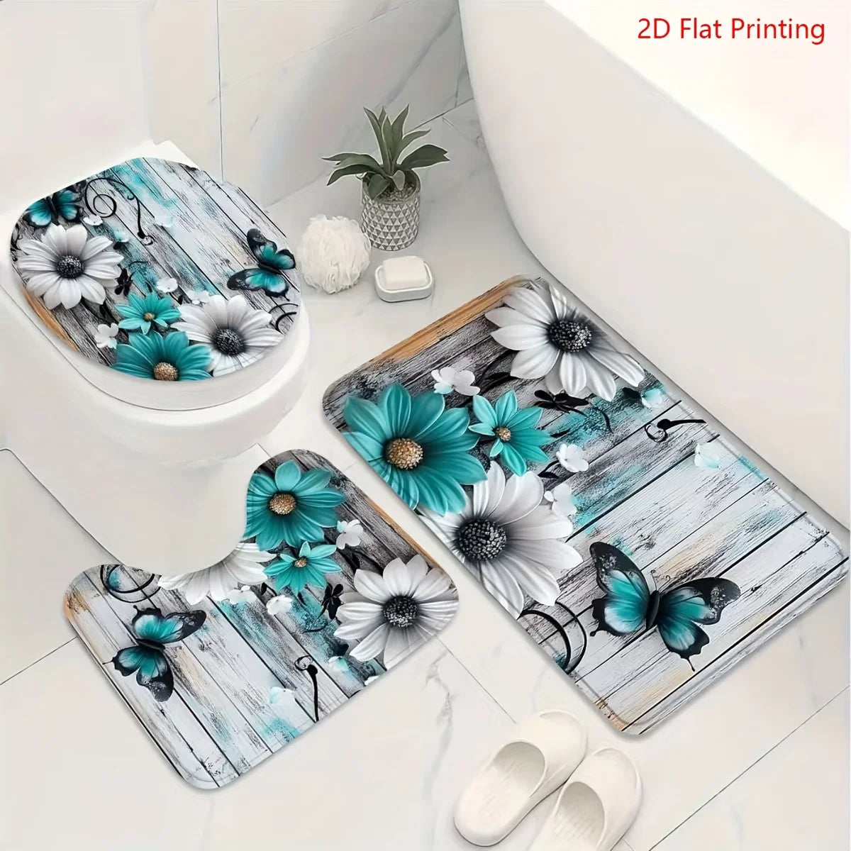 1or4 Piece Teal and White Floral Butterfly Shower Curtain Set - Modern Bathroom Decor - Washable Fabric Curtain - Rugs and Cover by S And B Enterprise