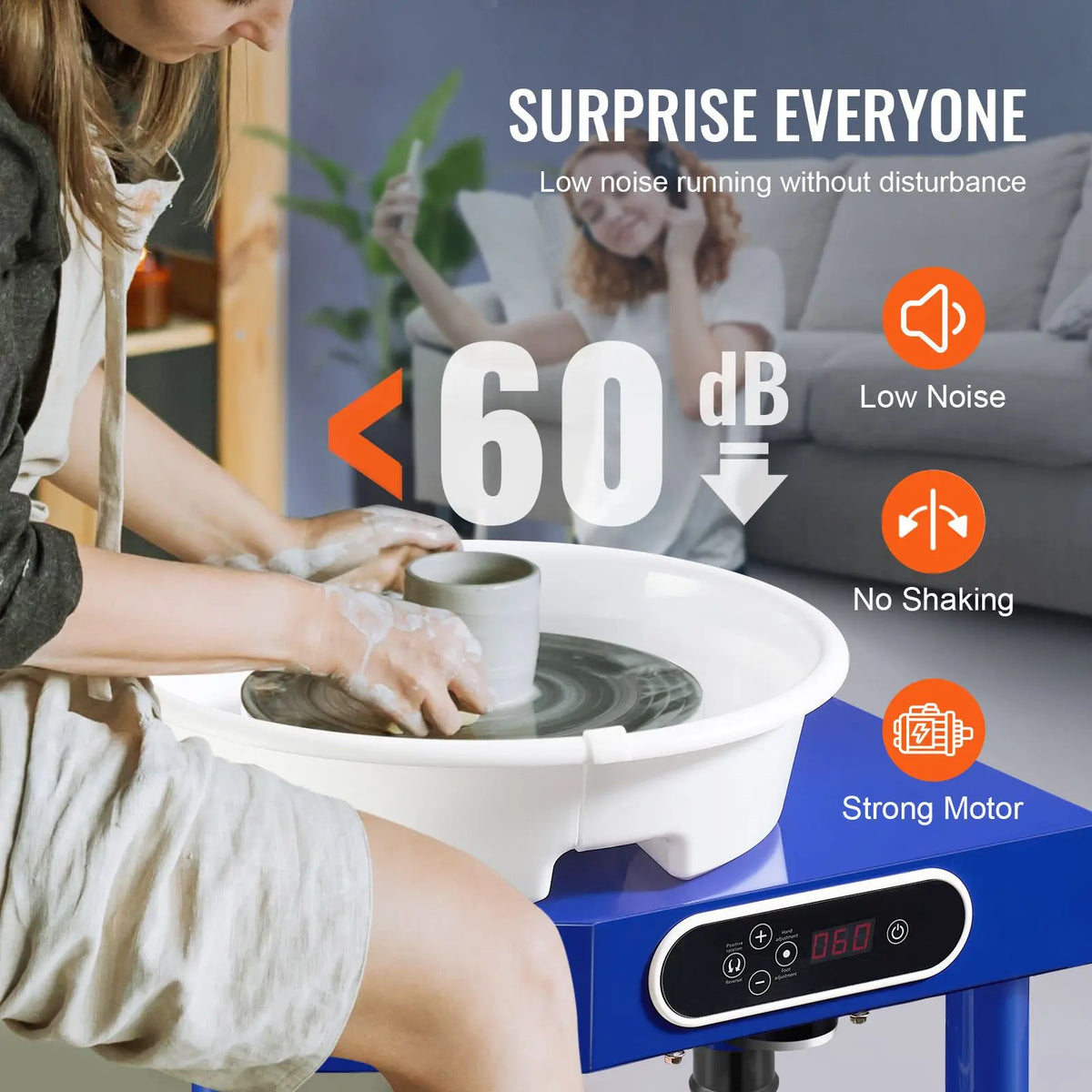 Pottery wheel by S And B Enterprise; blue 10-inch wheel with detachable ABS basin, LCD panel, 60-300 RPM, foot pedal