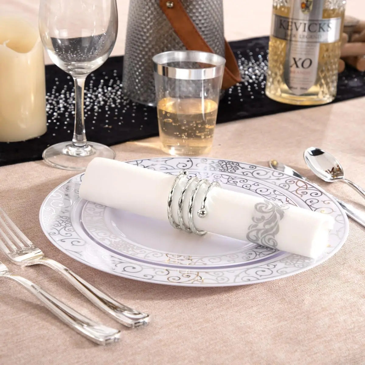 LIYH 700 Pcs Silver Plastic Disposable Dinnerware Set for 100 Guests - Includes Plates, Cups, Napkins and Cutlery Elegant White by S And B Enterprise