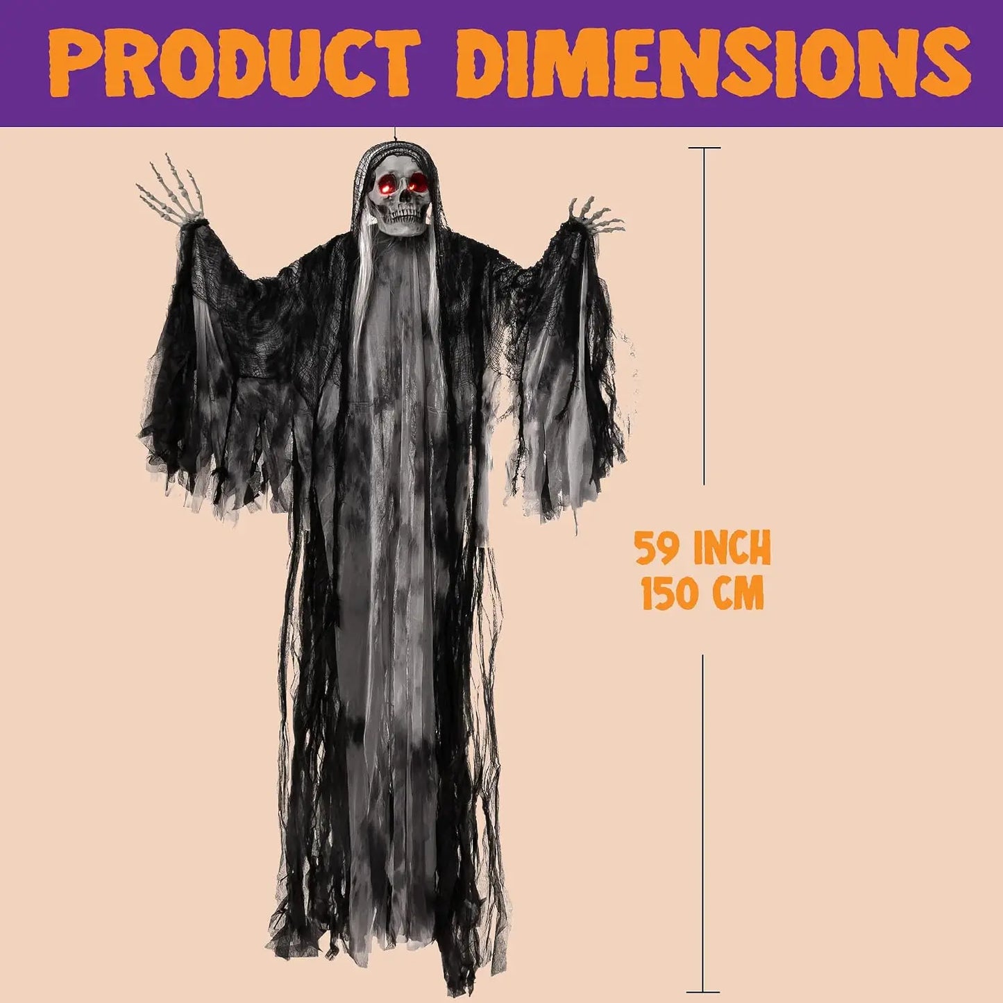 S And B Enterprise 59-inch animated hanging Grim Reaper Halloween decor with black tattered robe and glowing red eyes