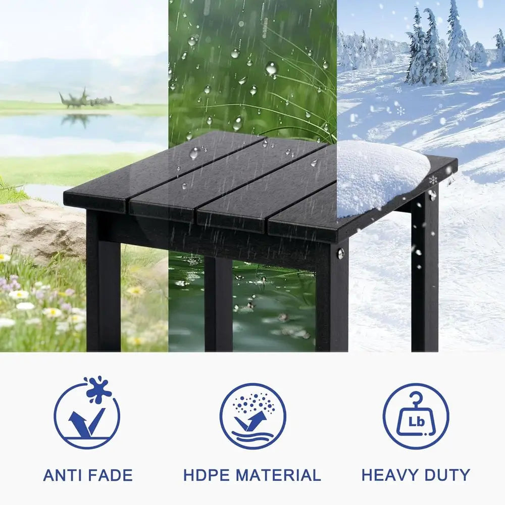 Patio side table, heavy-duty HDPE outdoor end table with wood-textured surface in black