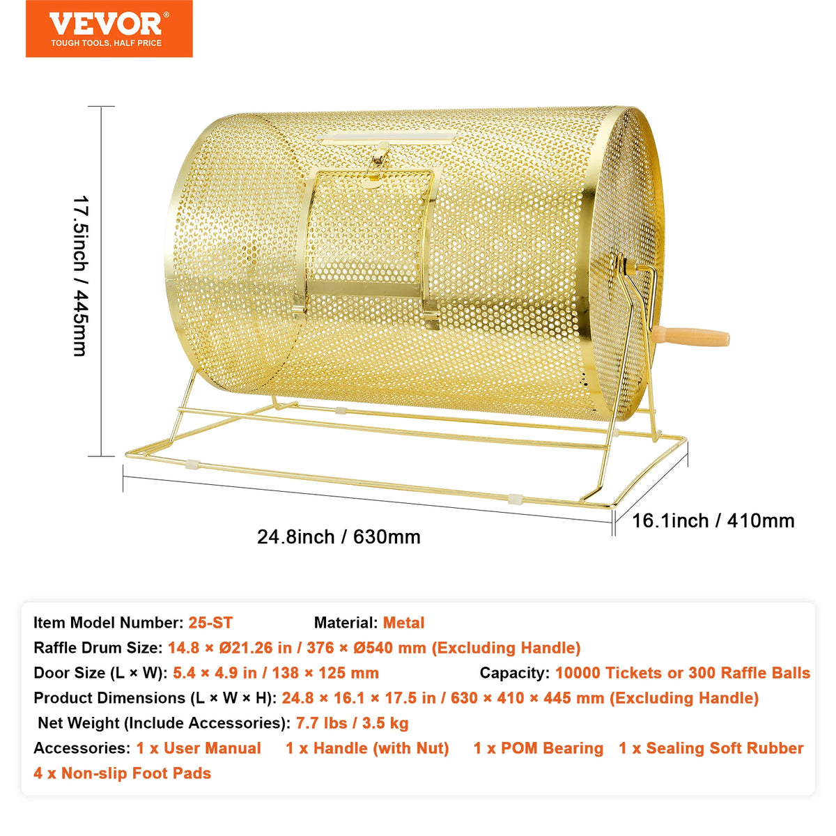 Raffle drum by VEVOR, brass-plated perforated cylinder on a stand; holds 10,000 tickets or 300 ping-pong balls.