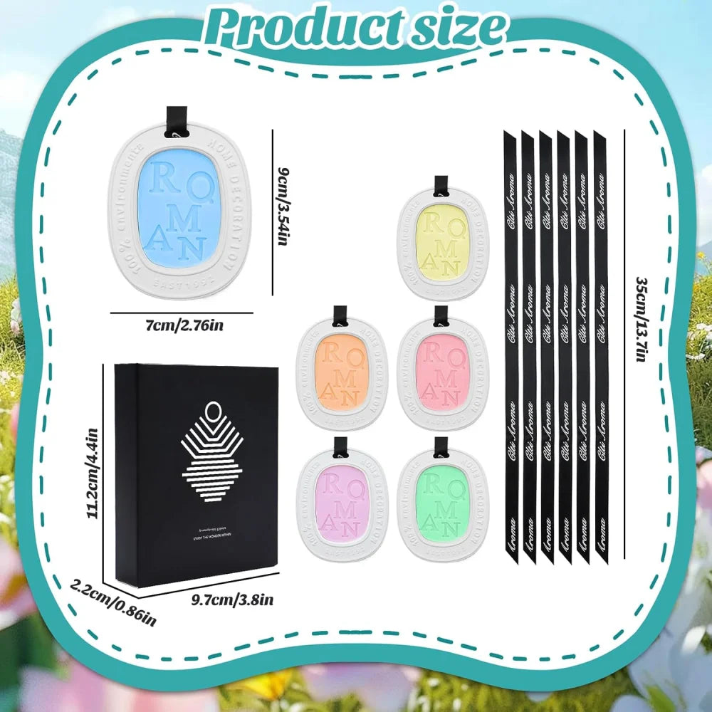 Aromatherapy hanging tablets, set of 6 in blue, yellow, orange, pink, light pink and mint green