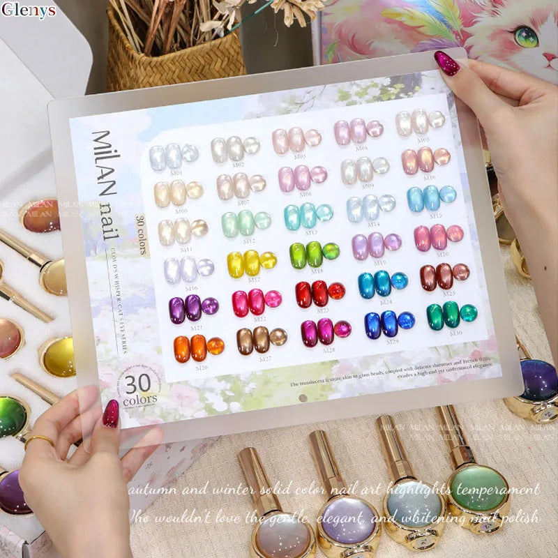 Glenys 30-color cat's eye nail gel polish set on swatch board
