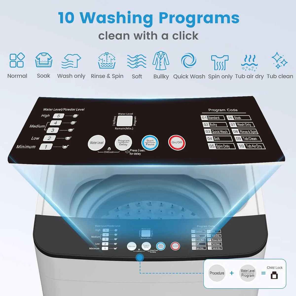 Portable washing machine and dryer set with a black control panel featuring 10 washing programs.