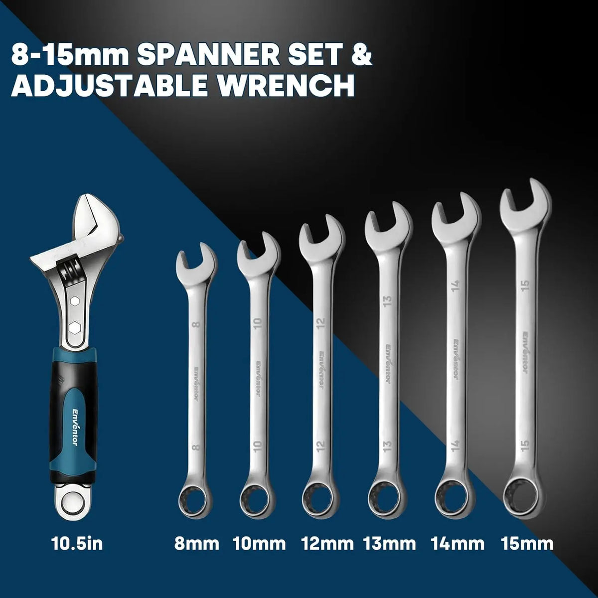 Enventor tool set with blue/black adjustable wrench and six chrome 8–15mm spanners